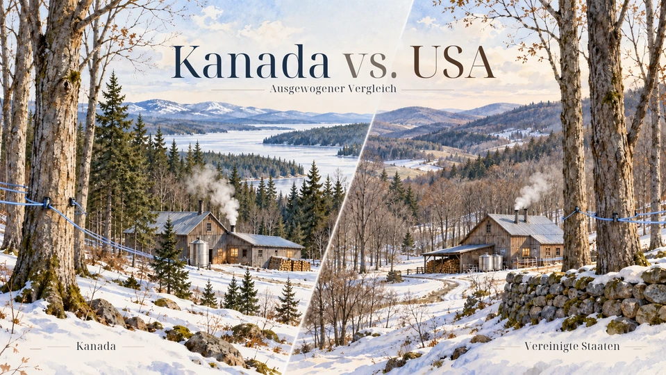 Illustrativer Vergleich kanadischer und US-amerikanischer Zuckerhäuser in Waldlandschaften