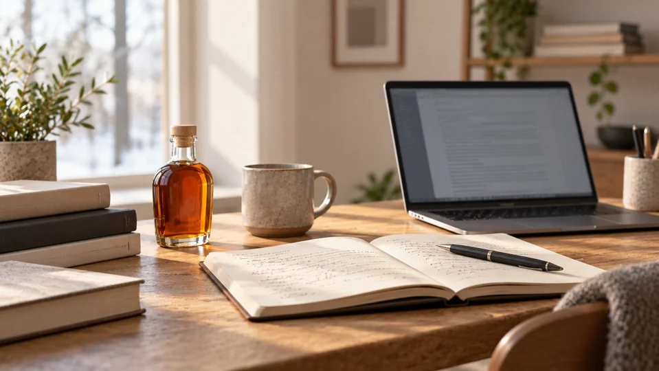 Redaktioneller Arbeitsplatz mit Notizen und Laptop