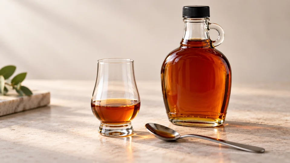 Neutrales Stillleben aus Sirupflasche und kleinem Glas
