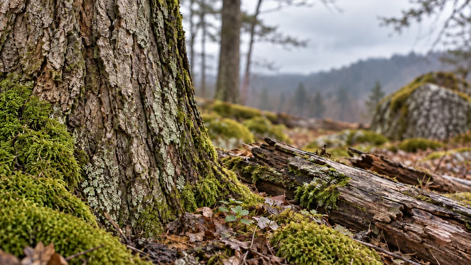 Detail einer Baumrinde und des Waldbodens
